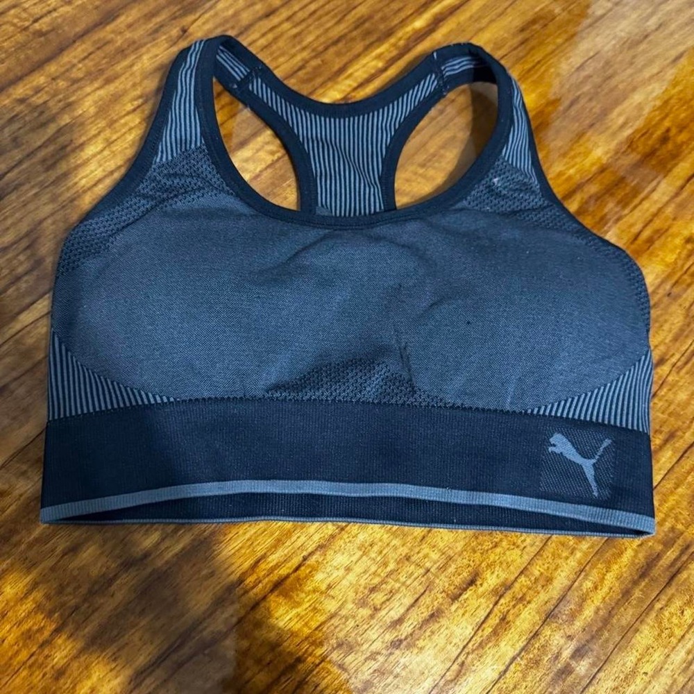 Puma Womens Gray Striped Racerback Activewear Sports Bra Size Medium